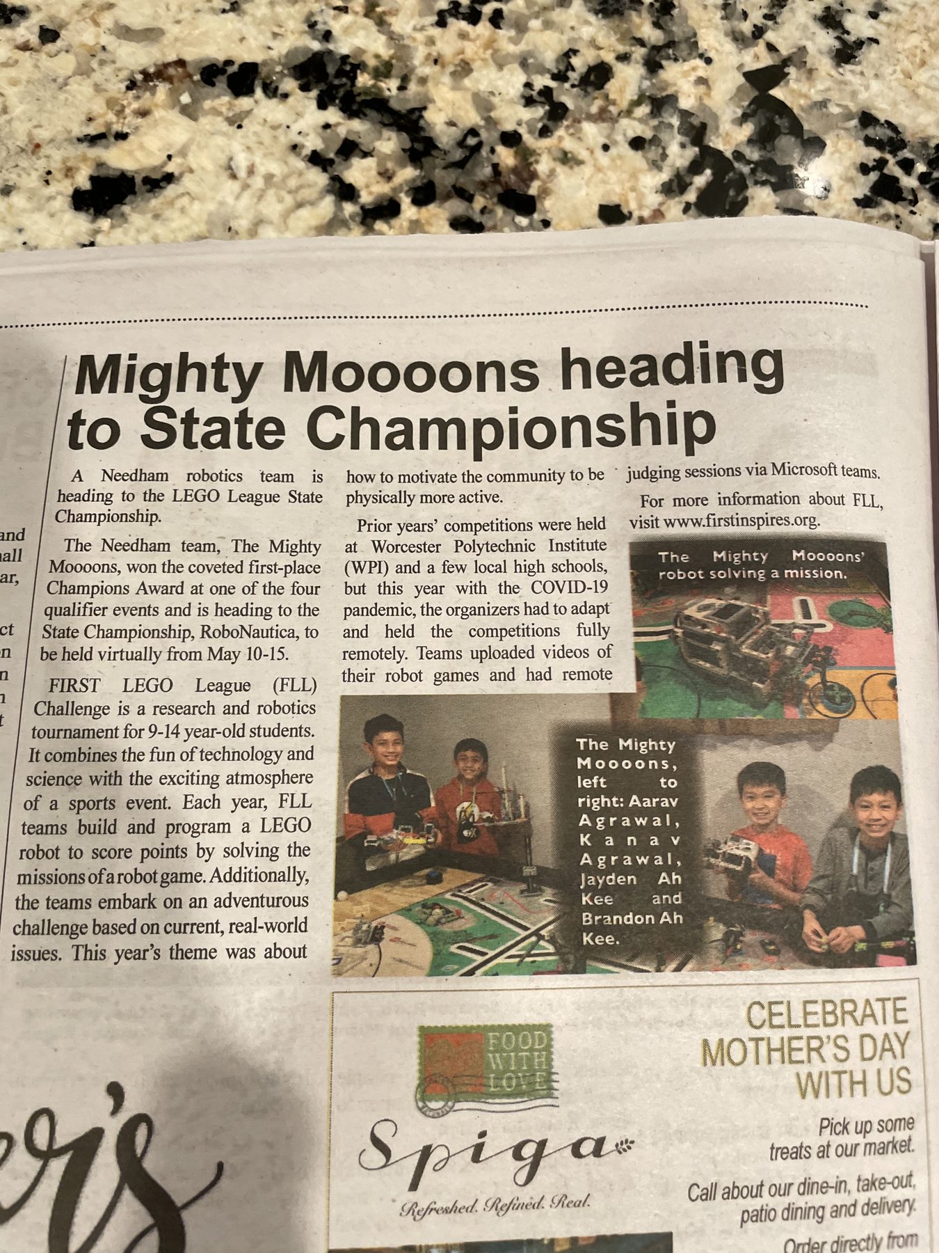 Newspaper clipping about my FLL team heading to the state championship